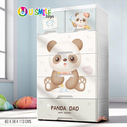 Panda Theme Kids Plastic Wardrobe (Almari) with 5 drawers, featuring cute panda illustrations and "PANDA DAD" text. Dimensions 60 x 38 x 113 CM, perfect for children's room storage and organizing toys and clothes on usmile.toys. www.usmile.toys