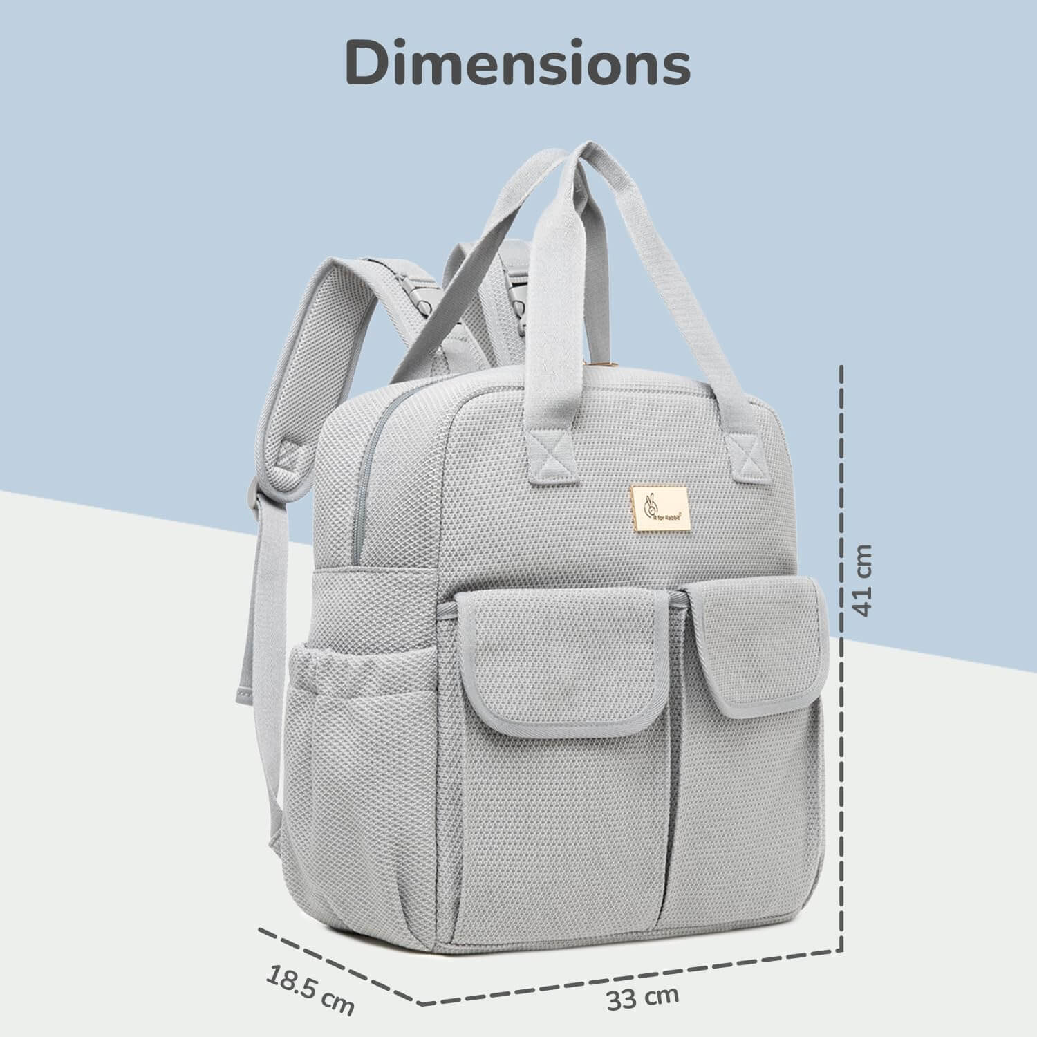 Gray backpack with dimensions indicated on a light blue background