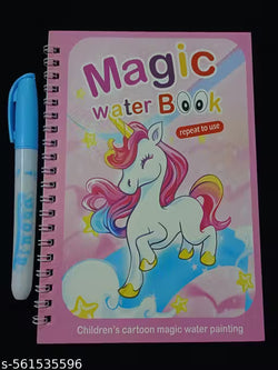 Children's magic water book with a unicorn design and a pen on a black background