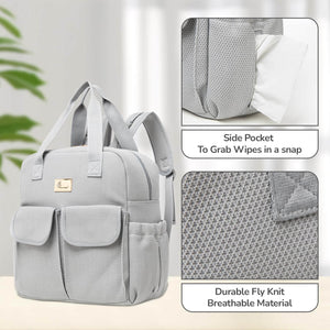Gray backpack with side pocket and durable fly knit material, on a light background.