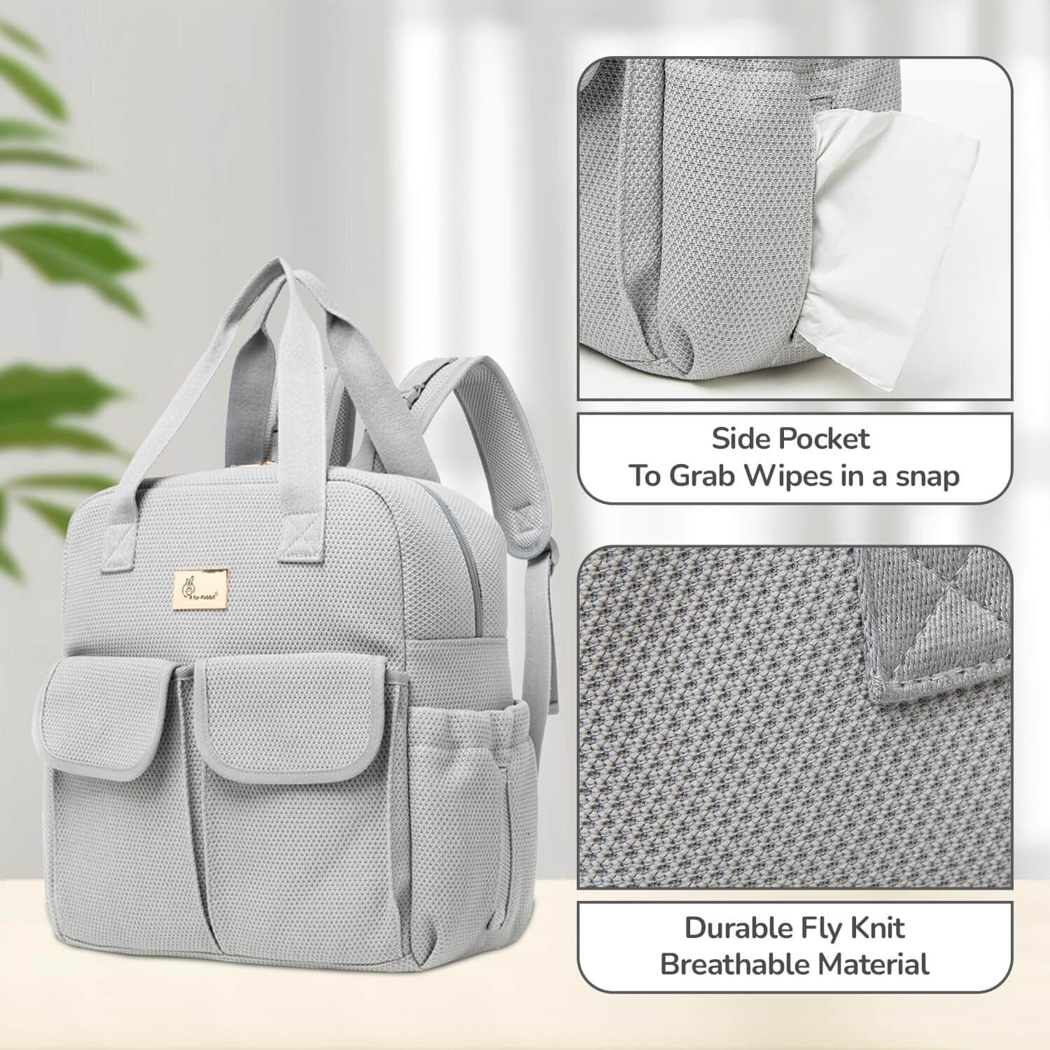Gray backpack with side pocket and durable fly knit material, on a light background.