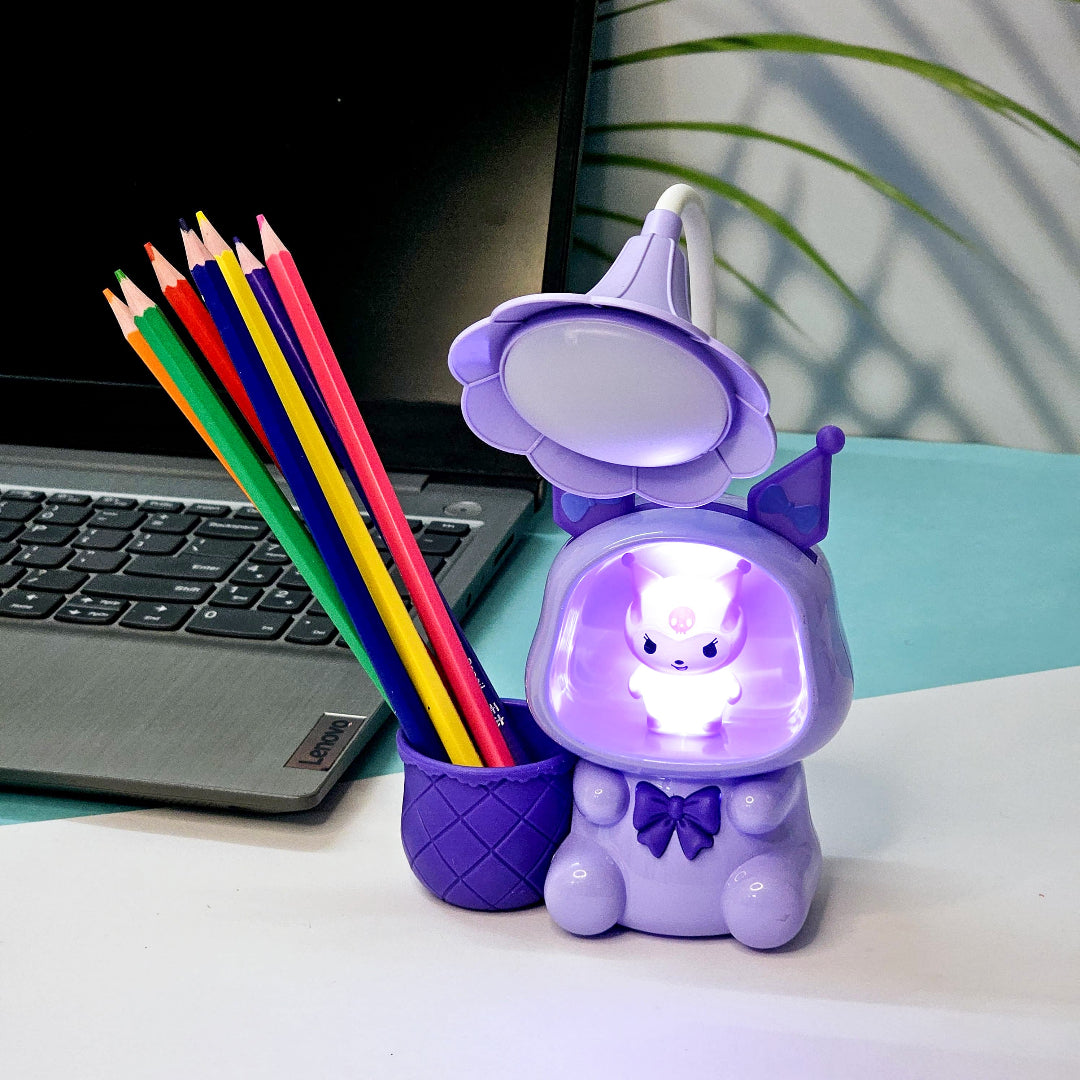 Set of three Usmile Toys Astronaut Teddy Lamps in blue, pink, and green, each featuring a glowing flower-shaped light and a base designed as a convenient pencil holder."