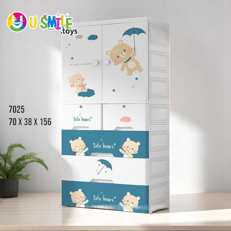 White and blue plastic kids almari (70x38x156 CM) from U Smile Toys, featuring cute bear characters with umbrellas and clouds www. usmile toys