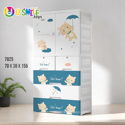 White and blue plastic kids almari (70x38x156 CM) from U Smile Toys, featuring cute bear characters with umbrellas and clouds www. usmile toys