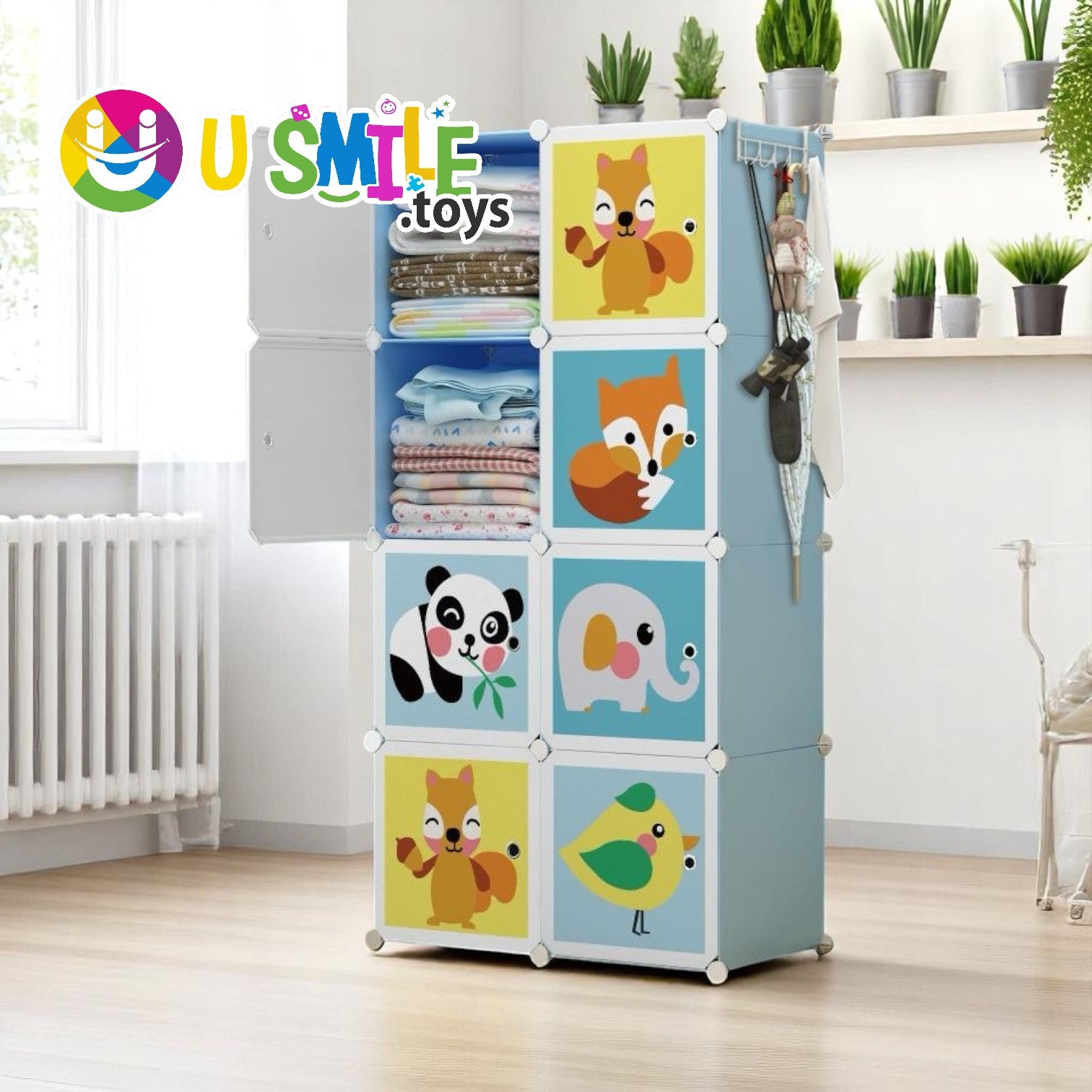 Durable and easy-to-assemble 8-rack plastic storage organizer for baby clothes, with iconic landmark panels and a hanging section. www.usmile.toys