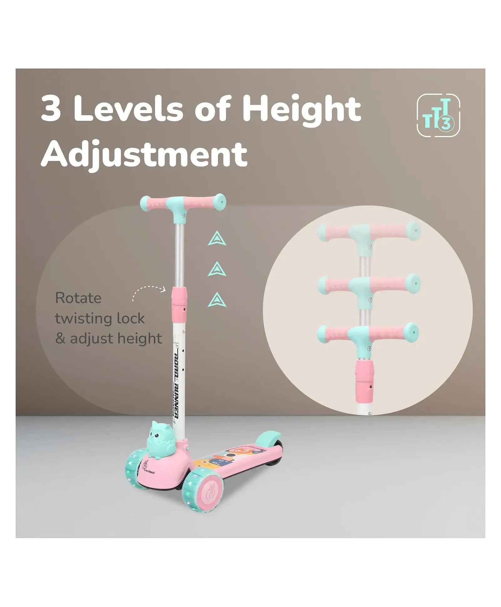 Children's scooter with height adjustment feature on a gray background