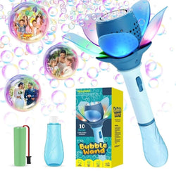 Electric Bubble Stick for Kids shaped like a colorful flower, an automatic bubble machine creating numerous bubbles, with included bubble solution and rechargeable battery. Perfect for outdoor play and parties on usmile.toys. www.usmile.toys