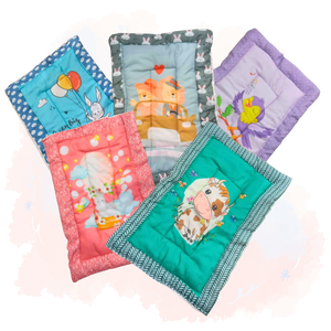 "Variety pack of five handmade baby godadi (quilts) with colorful cartoon prints including animals, rabbits, and a cow, ideal for newborns and tummy time." www.usmile.toys