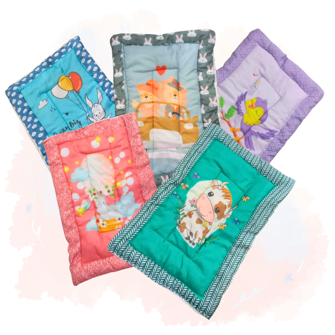 "Variety pack of five handmade baby godadi (quilts) with colorful cartoon prints including animals, rabbits, and a cow, ideal for newborns and tummy time." www.usmile.toys