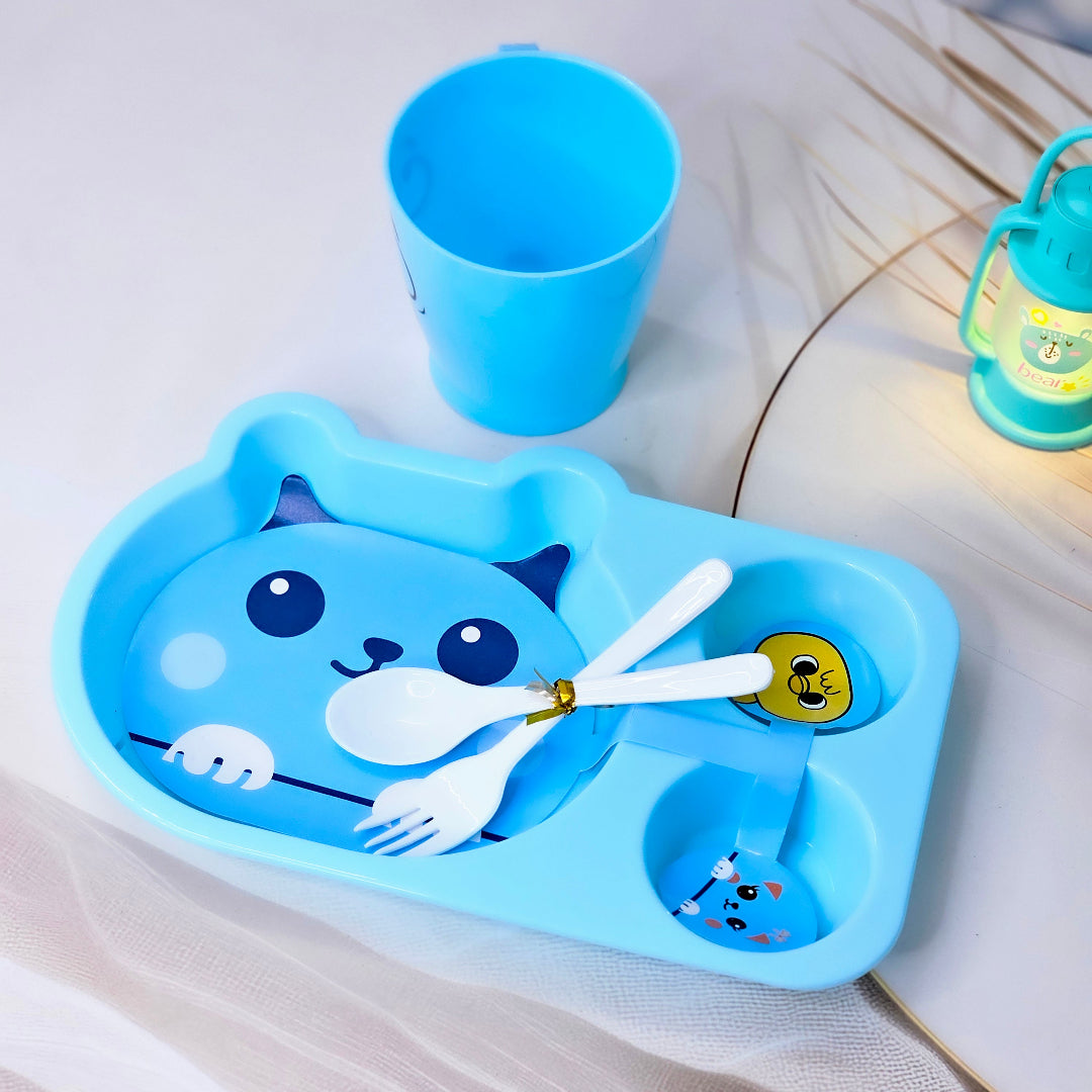 Usmile Toys playful cartoon toddler dining set in pink with a unicorn design, including a segmented plate, cup, and cutlery. www.usmile.toys