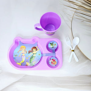 Colourful toddler mealtime set from Usmile Toys featuring a vibrant unicorn cartoon plate, matching cup, and small spoon and fork. www.usmile.toys