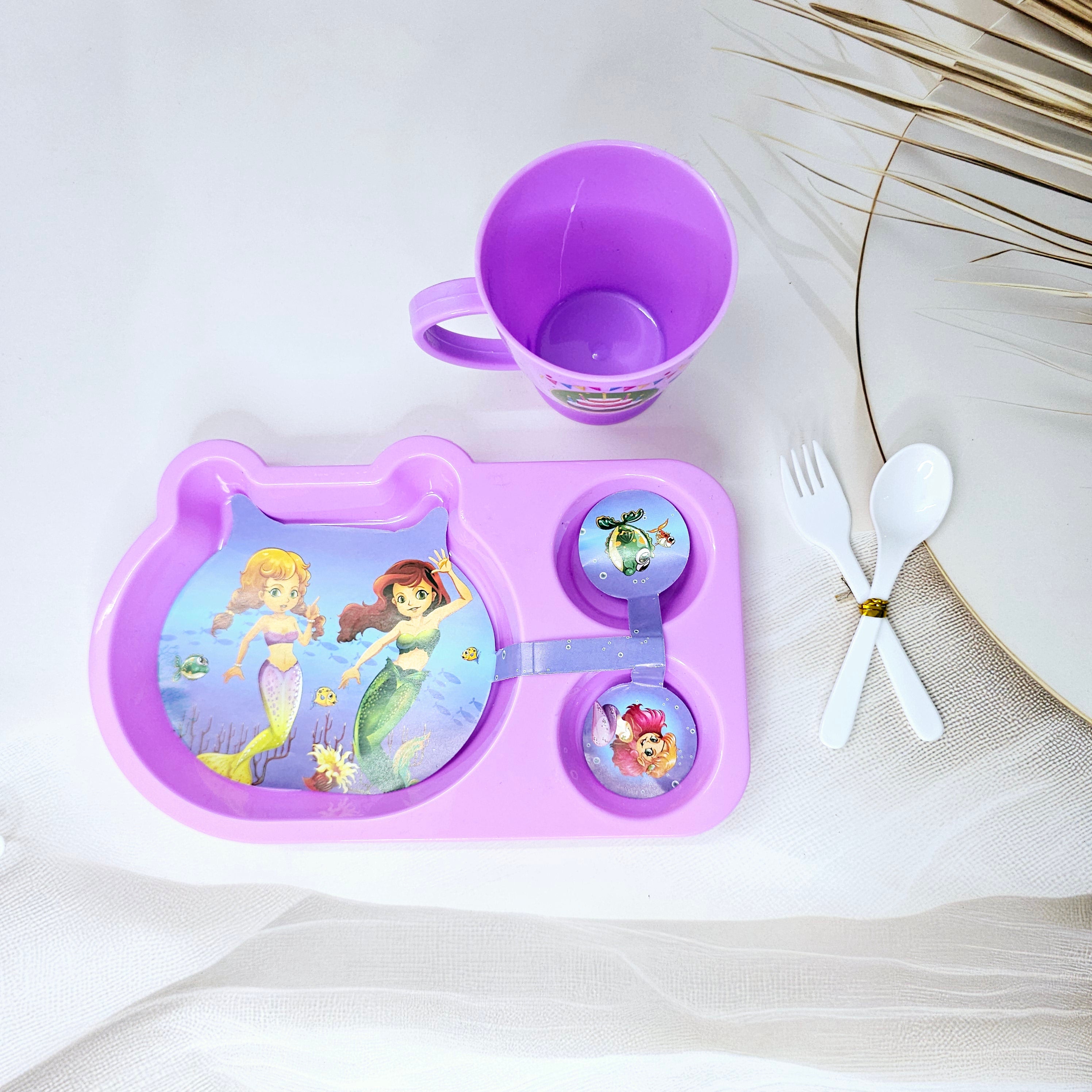 Colourful toddler mealtime set from Usmile Toys featuring a vibrant unicorn cartoon plate, matching cup, and small spoon and fork. www.usmile.toys