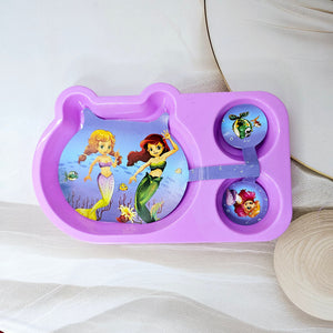 Colourful toddler mealtime set from Usmile Toys featuring a vibrant unicorn cartoon plate, matching cup, and small spoon and fork. www.usmile.toys