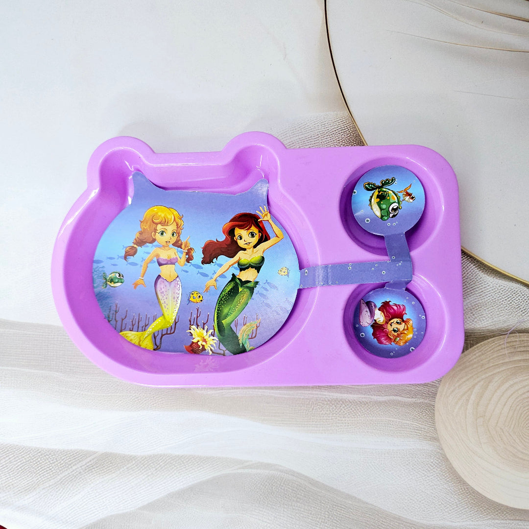 Colourful toddler mealtime set from Usmile Toys featuring a vibrant unicorn cartoon plate, matching cup, and small spoon and fork. www.usmile.toys