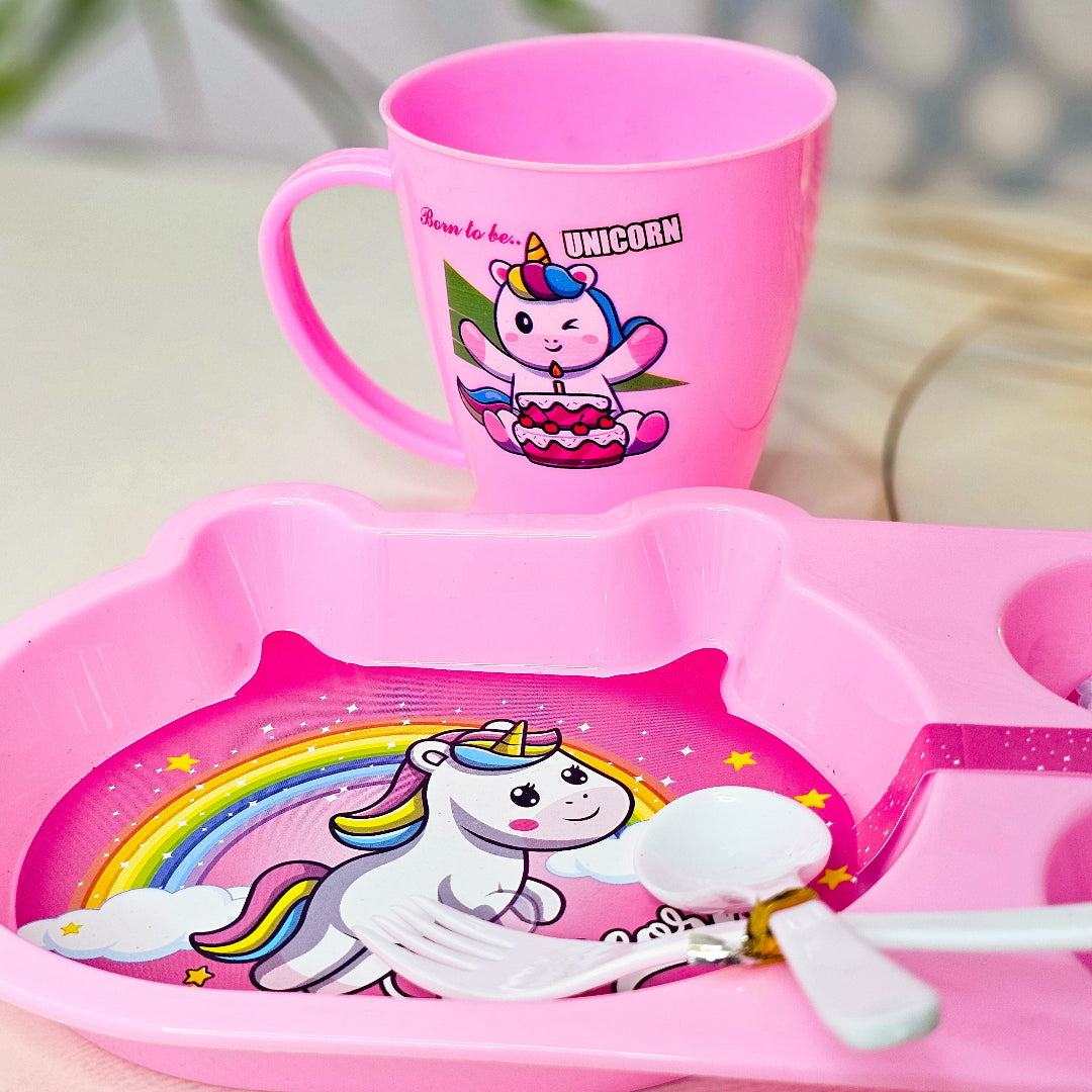 Colourful toddler mealtime set from Usmile Toys featuring a vibrant unicorn cartoon plate, matching cup, and small spoon and fork. www.usmile.toys