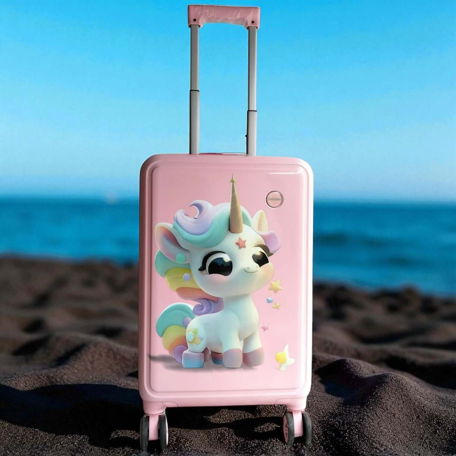 Pink suitcase with a unicorn design on a beach