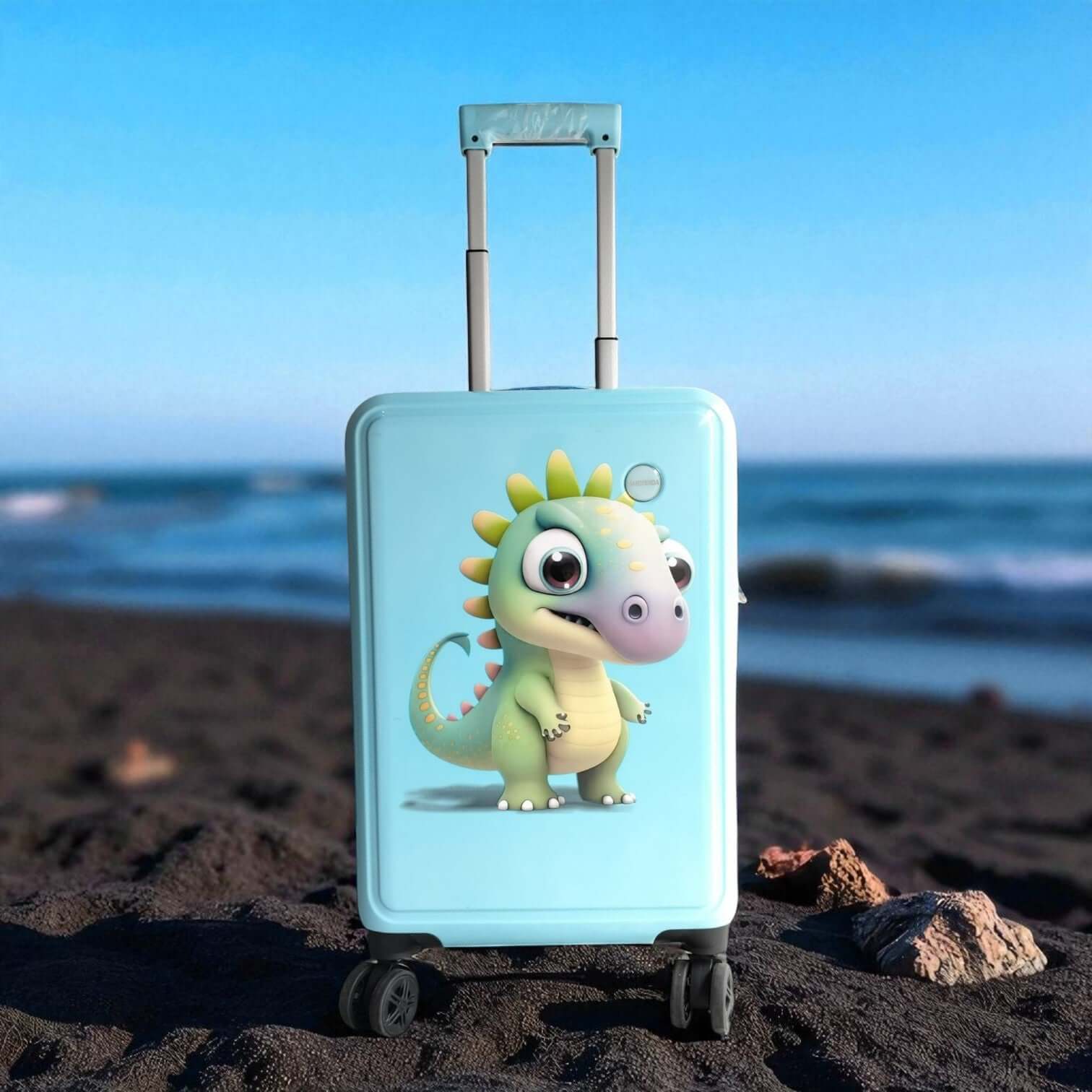 Suitcase with a cartoon dinosaur design on a beach