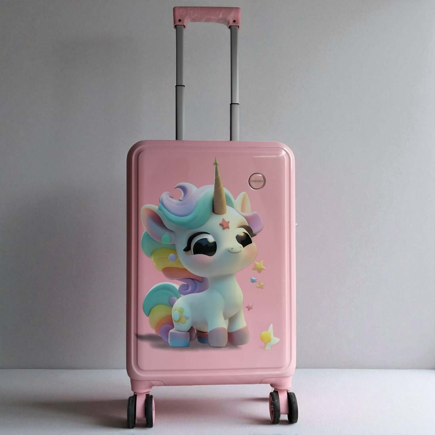 Pink suitcase with a unicorn design on a gray background