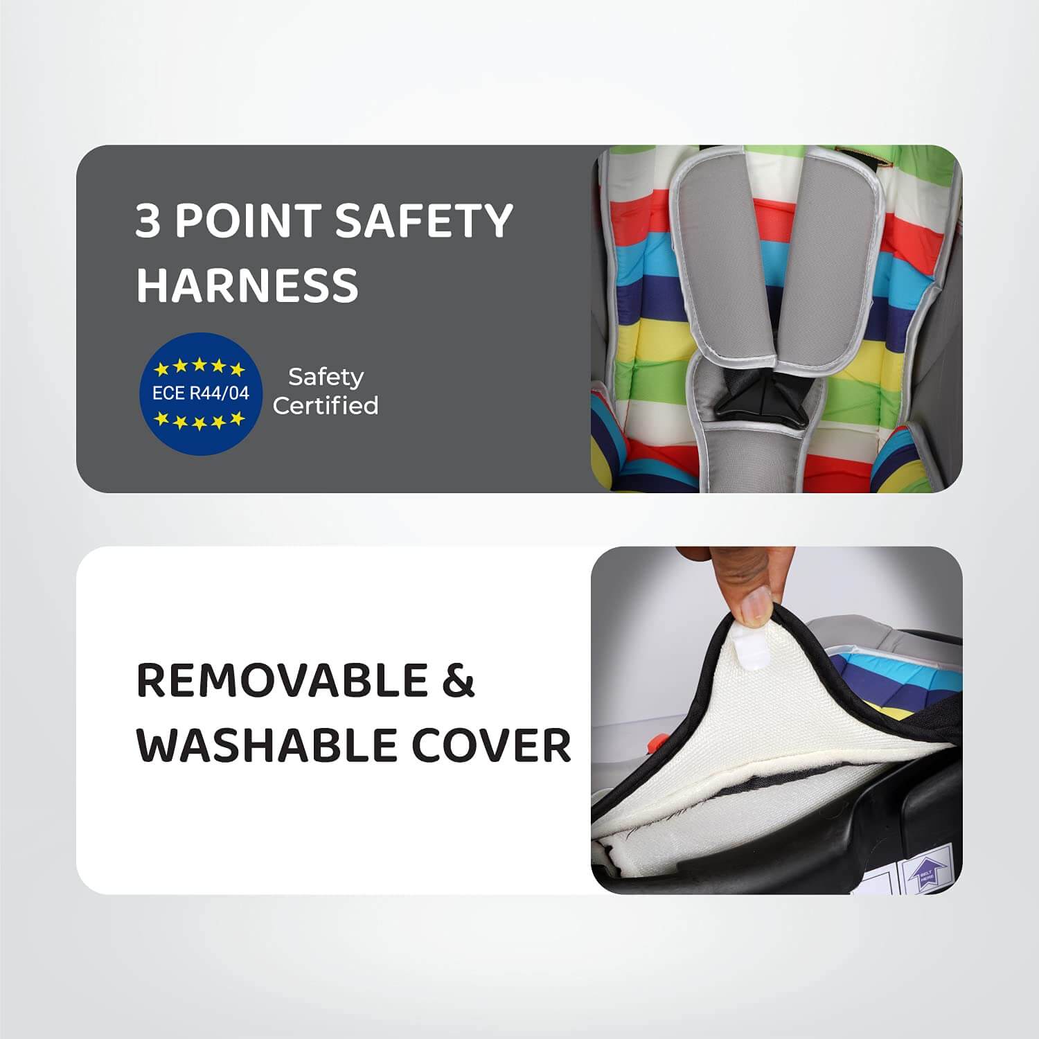 R for Rabbit Picaboo 4-in-1 multi-purpose baby carry cot in grey with a vibrant multi-color striped cushion, functioning as an infant car seat, portable carrier, rocker, and feeding chair. Ideal for newborns and infants on usmile.toys. www.usmile.toys