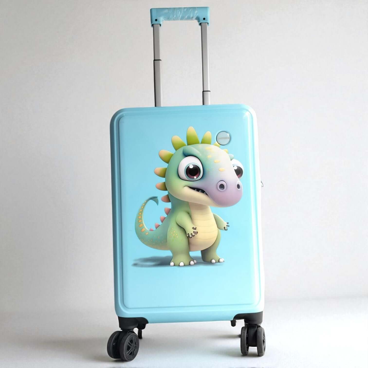 Light blue suitcase with a cartoon dinosaur design on a white background