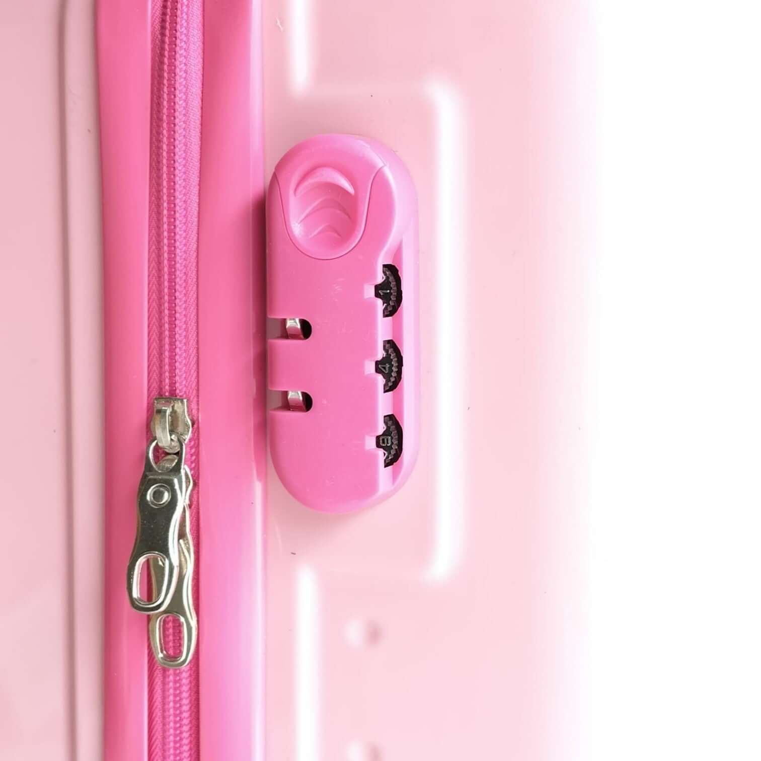 Pink suitcase with a zipper and lock mechanism on a white background