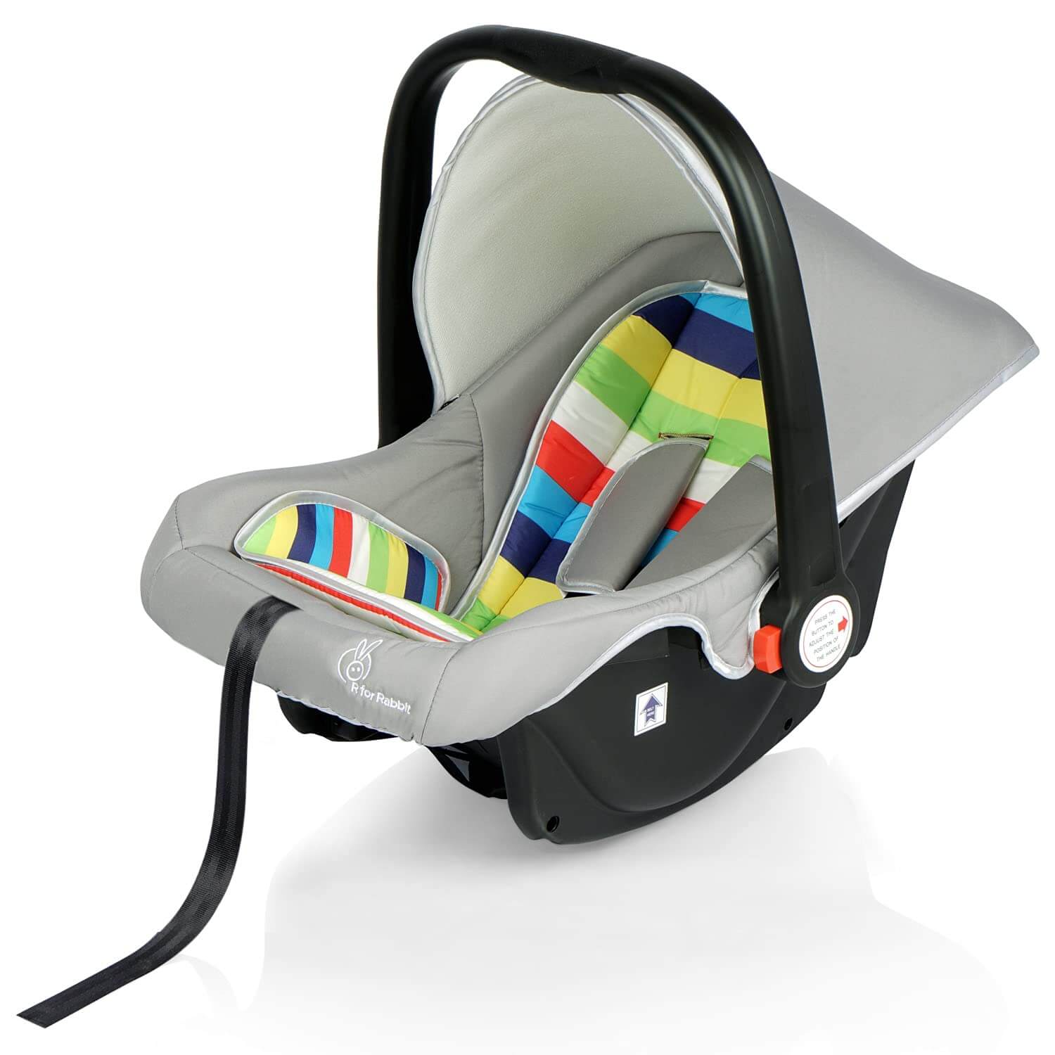R for Rabbit Picaboo 4-in-1 multi-purpose baby carry cot in grey with a vibrant multi-color striped cushion, functioning as an infant car seat, portable carrier, rocker, and feeding chair. Ideal for newborns and infants on usmile.toys. www.usmile.toys