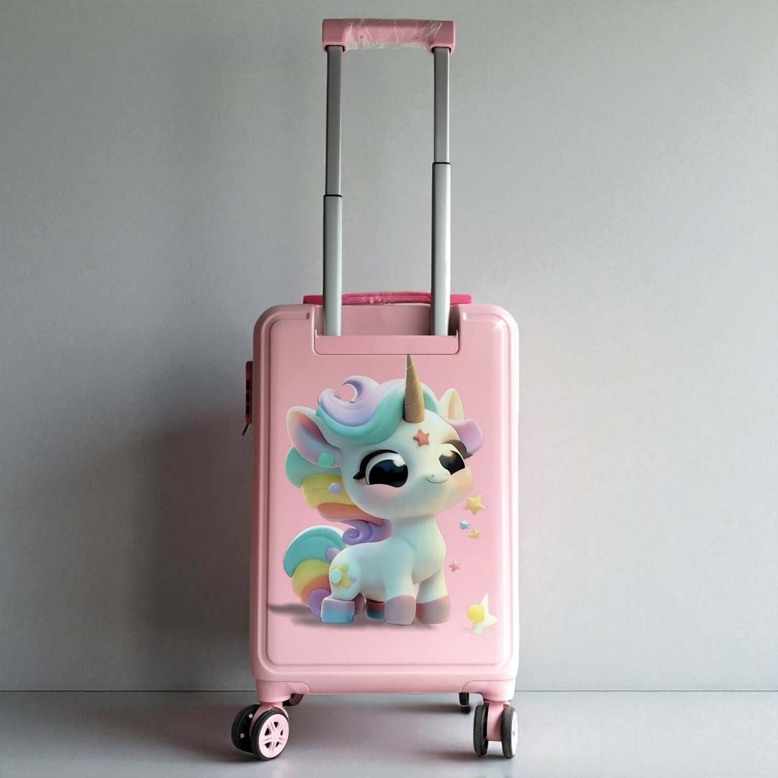 Pink suitcase with a unicorn design on a gray background