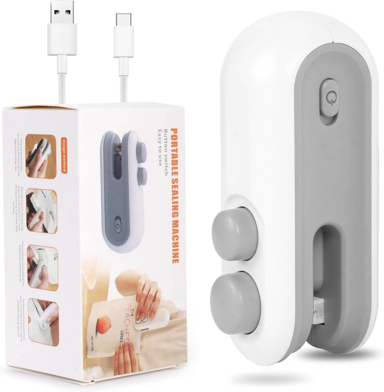 Portable Mini Sealing Machine in white and grey, a USB-C rechargeable heat sealer for food bags, with its retail box displaying usage instructions. www.usmile.toys