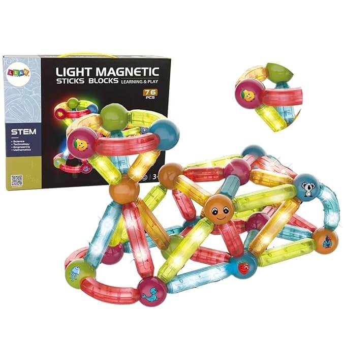 Light Magnetic Sticks Blocks STEM learning and play set with 76 pieces, featuring colorful LED illuminated magnetic rods and connecting spheres, designed for creative 3D construction. www.usmile.toys