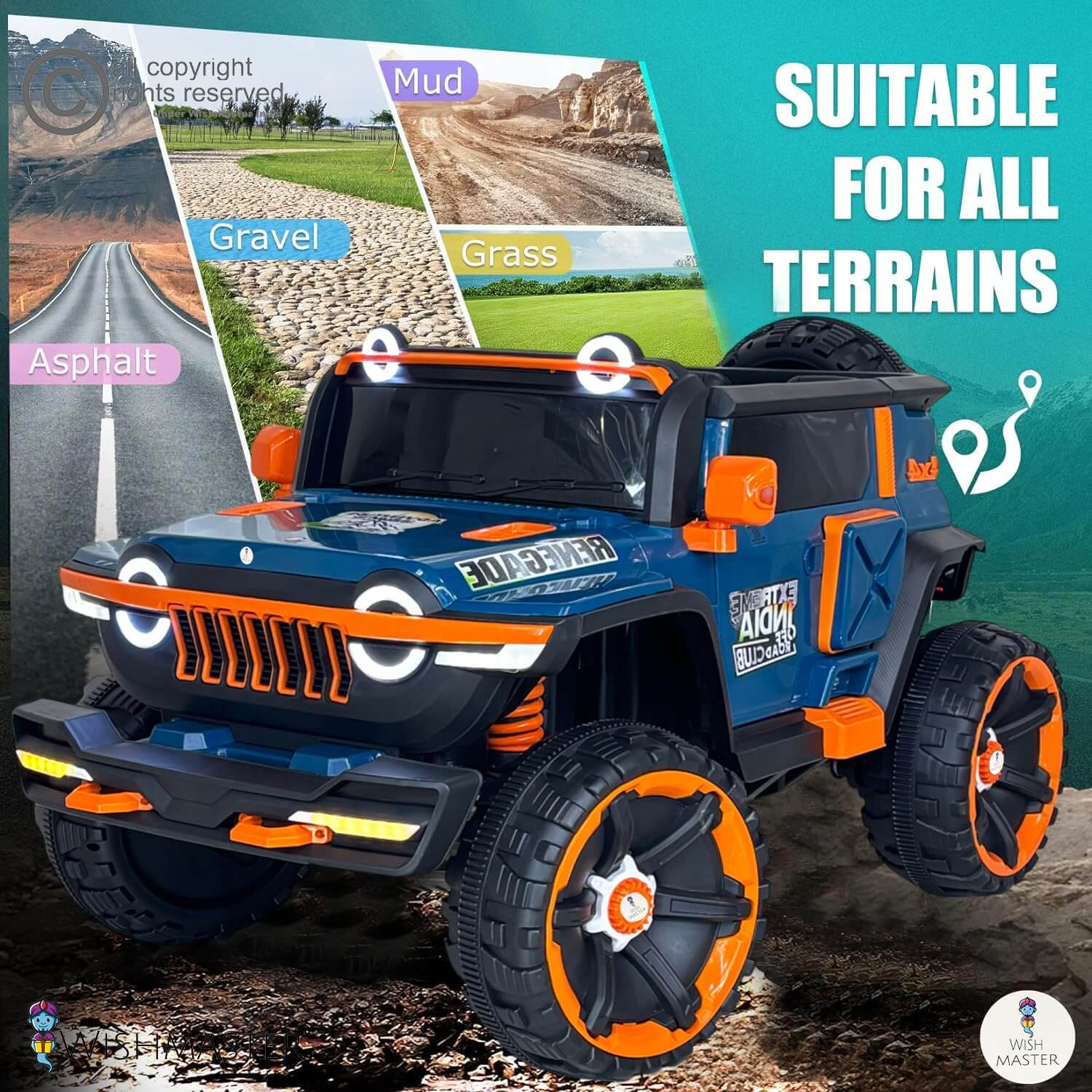 Toy jeep with 'Suitable for all terrains' text and road types illustration.