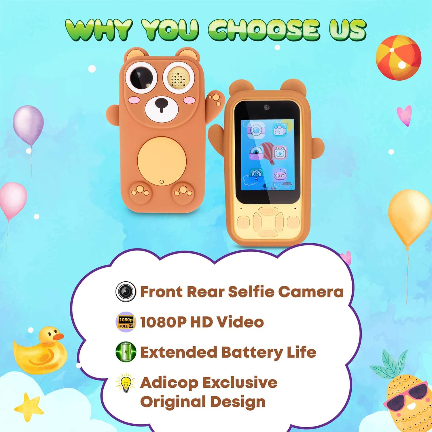  Children's pretend smartphone camera in a brown bear design, equipped with dual cameras and a colorful display for imaginative play. www.usmile.toys