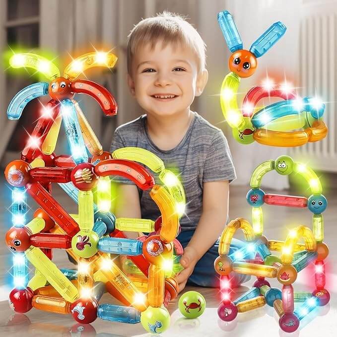 Light Magnetic Sticks Blocks STEM learning and play set with 76 pieces, featuring colorful LED illuminated magnetic rods and connecting spheres, designed for creative 3D construction. www.usmile.toys