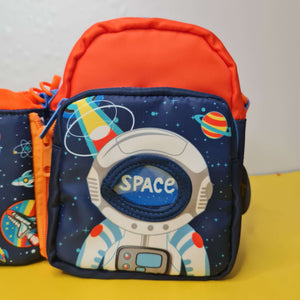 Space adventure tiffin and bottle carrier for school, in blue and orange. www.usmile.toys