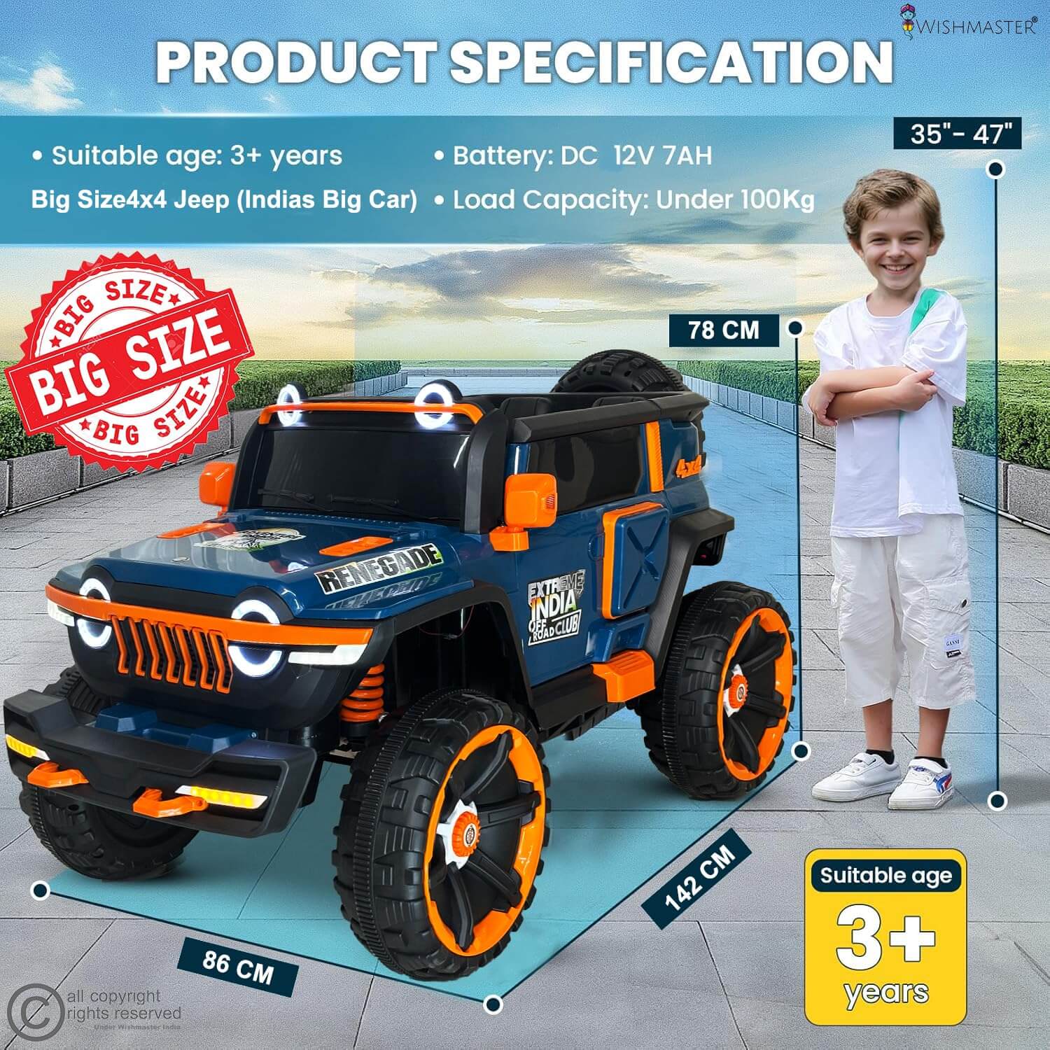 Toy jeep with specifications and a child for scale on a blue mat.