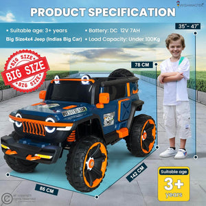 Toy jeep with specifications and a child for scale on a blue mat.