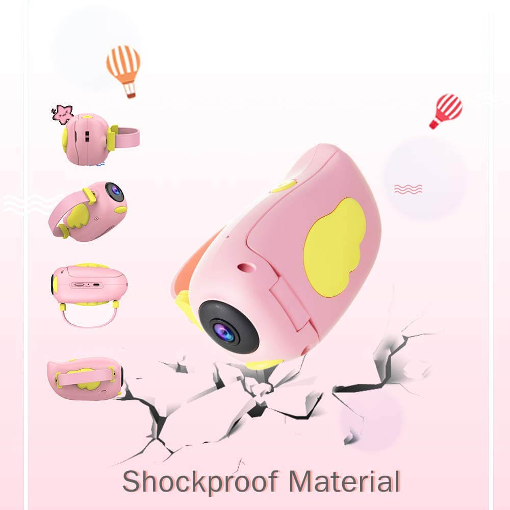 Pink Digital Kids A100 Video Camera Toy, USB rechargeable, designed for toddlers with a flip-out screen and easy-to-use buttons, ideal for capturing childhood memories. www.usmile.toys