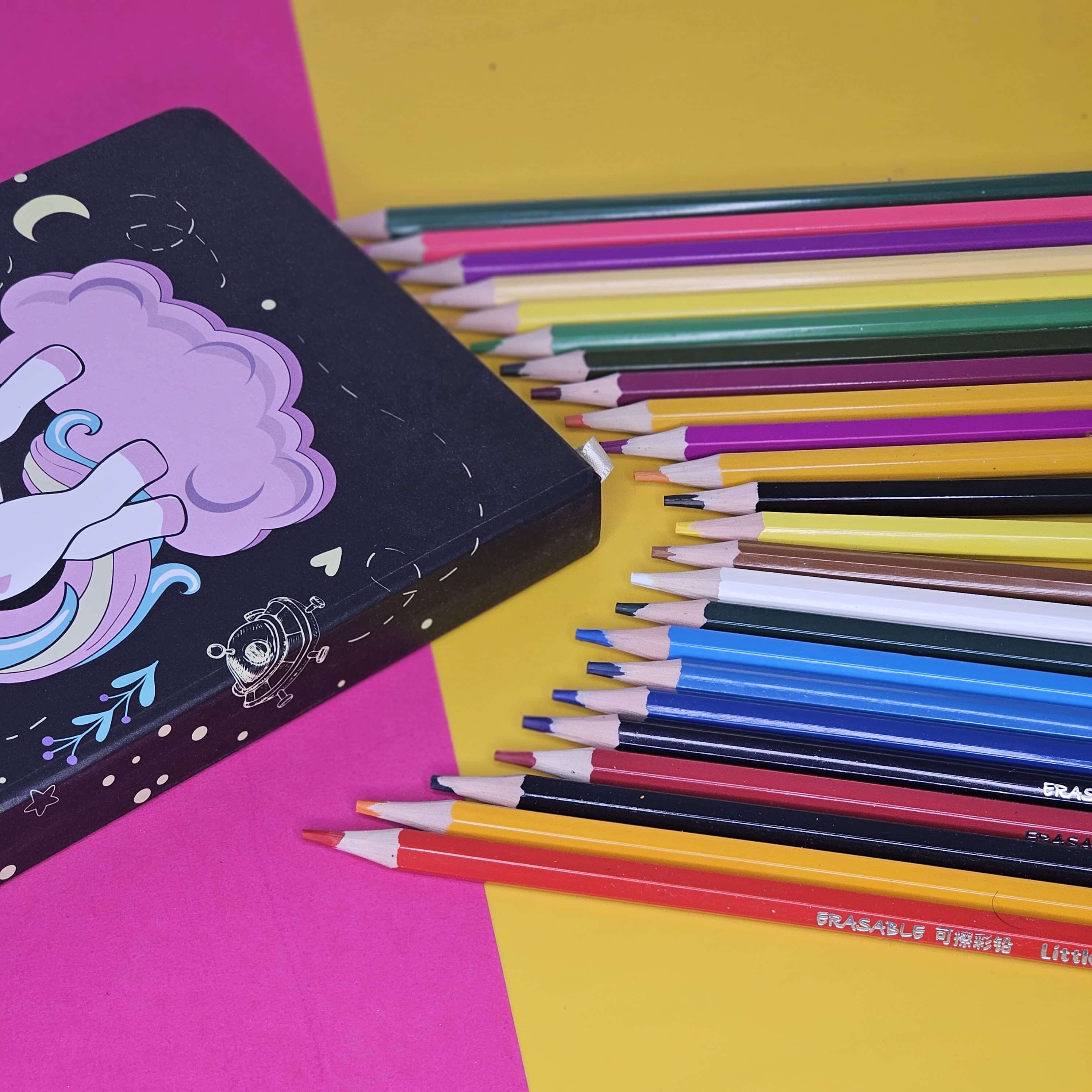 Collection of high-quality erasable art pencils in a convenient storage box, adorned with a playful unicorn illustration, ideal for school stationery and creative fun from Usmile Toys.