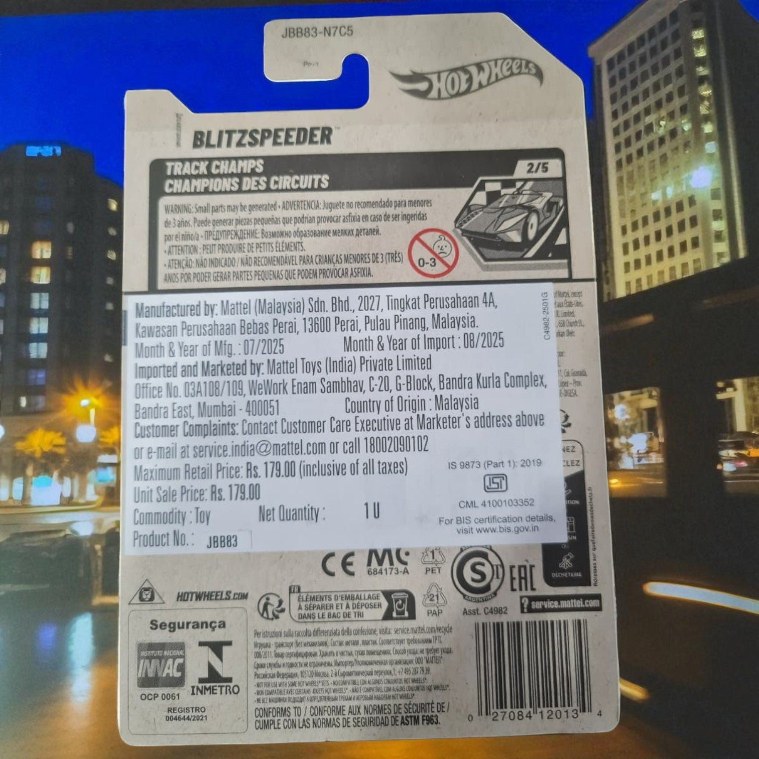 Hot Wheels Blitzspeeder toy car packaging with cityscape in the background. www.usmile.toys