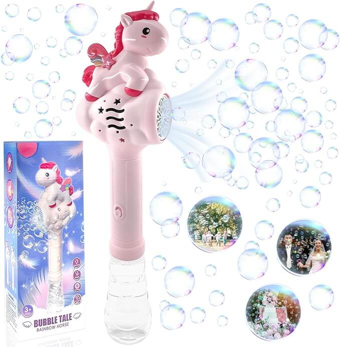 Pink bubble wand with unicorn design surrounded by bubbles, including packaging and additional images.
