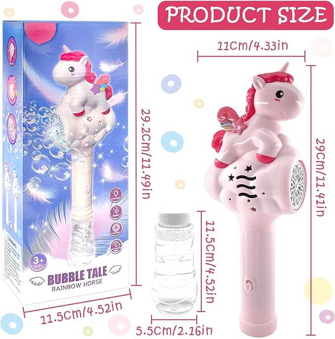 Unicorn-shaped bubble wand with packaging and measurements displayed