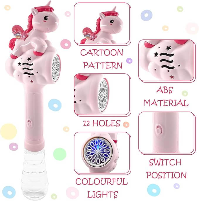 Pink toy with unicorn design, featuring cartoon pattern, ABS material, 12 holes, colorful lights, and switch position.