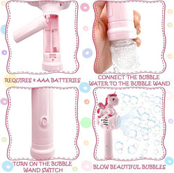 Pink bubble wand with instructions on how to use it, including battery requirement and steps to blow bubbles.