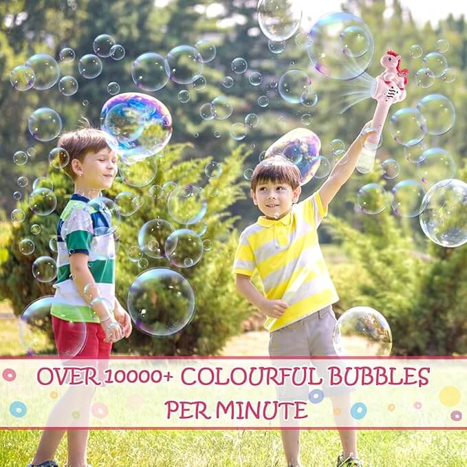 Two children playing with bubbles in a park, with text indicating bubble production rate.