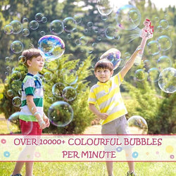Two children playing with bubbles in a park, with text indicating bubble production rate.