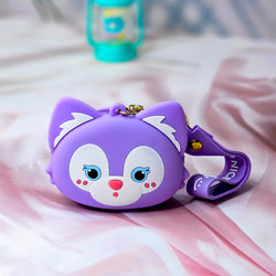 Cute Tom cartoon character silicone coin purse and keychain, featuring green eyes, a wide smile, and a grey wrist st rap with "A NICE DAY :)" text. This fun and practical accessory is perfect for kids and fans of cartoon characters, ideal for holding coins or small items. www.usmile.com