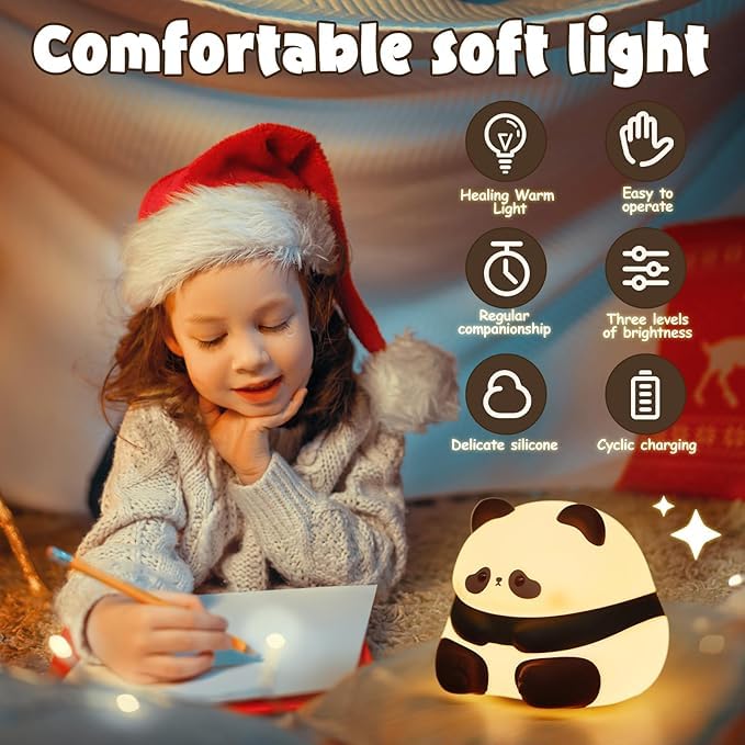 Adorable glowing white and black silicone night lamp for kids, shaped like a baby sitting panda with a sweet expression. Provides a soft, comforting light for bedrooms from uSmile.toys www.usmile.toys