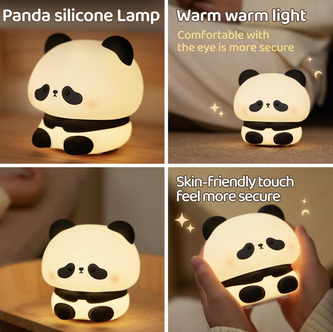 Soft touch LED panda nursery lamp, glowing warmly, perfect for children's bedrooms or as a baby night light. www.usmile.toys