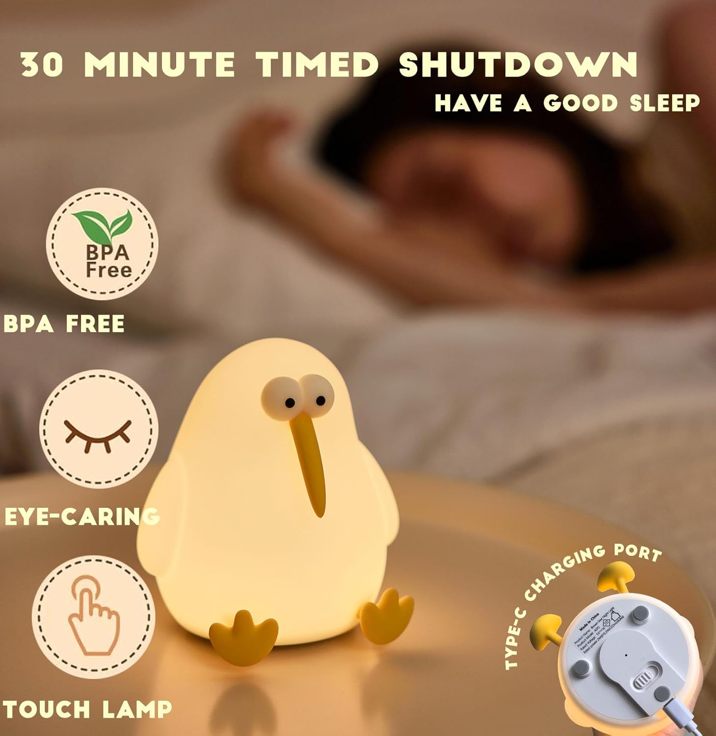 Kids' Kiwi Bird Bedside Lamp: Safe silicone nightlight for a comforting glow at bedtime.
www.usmile.toys