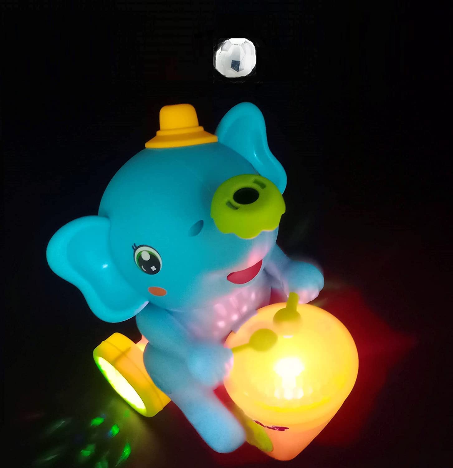 Usmile Toys 'Elephant Musician' toy: an adorable blue elephant playing drums, featuring a unique levitation ball on its nose, promoting fun and engagement for toddlers."