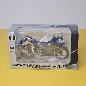 Close-up front view of a vibrant green and black toy motorbike, a die-cast model designed for kids with interactive LED lights and fun pull-back action, available at Usmile Toys.www.usmile.toys